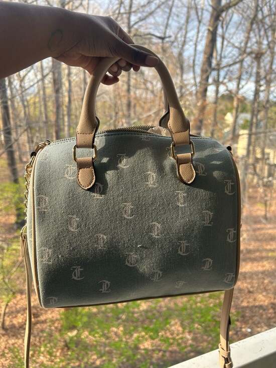 Juicy Couture Denim Days Gothic Logo Satchel with Strawberry Charm - Picture 2 of 5